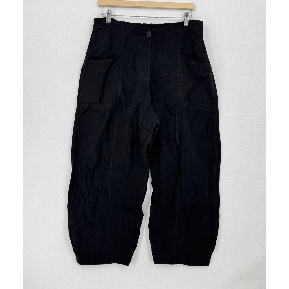 Crea Concept Womens Black Woven Linen Cropped Lagenlook Pants Sz 46